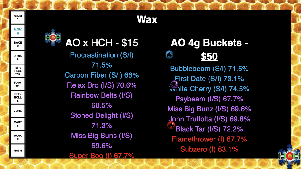 cannabis wax concentrates menu