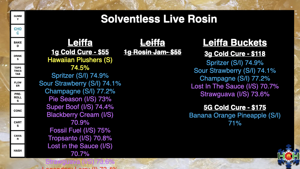 solventless live rosin concentrates menu