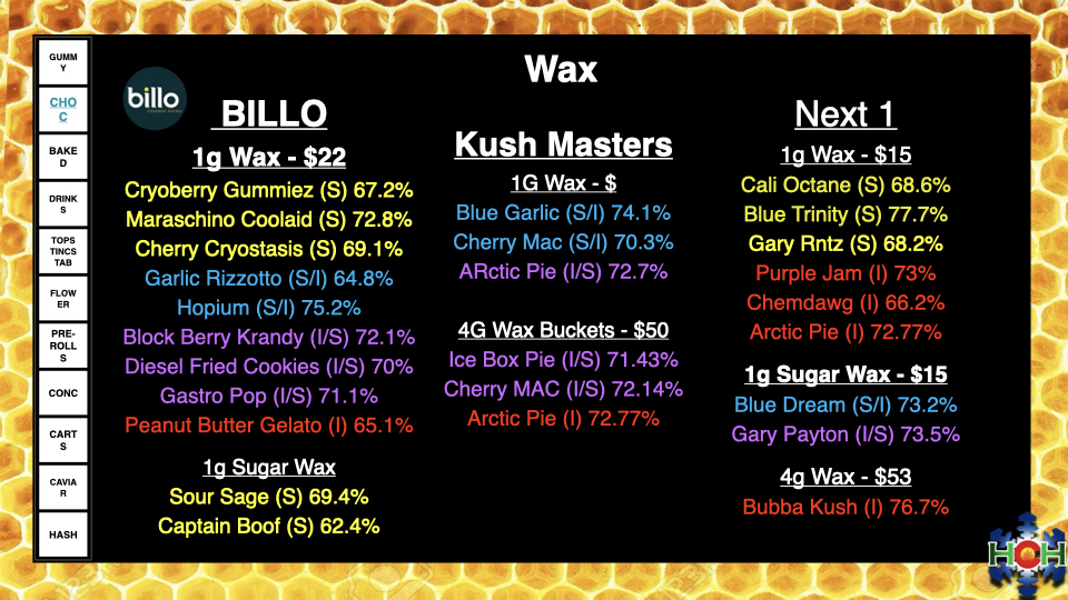 cannabis wax concentrates menu
