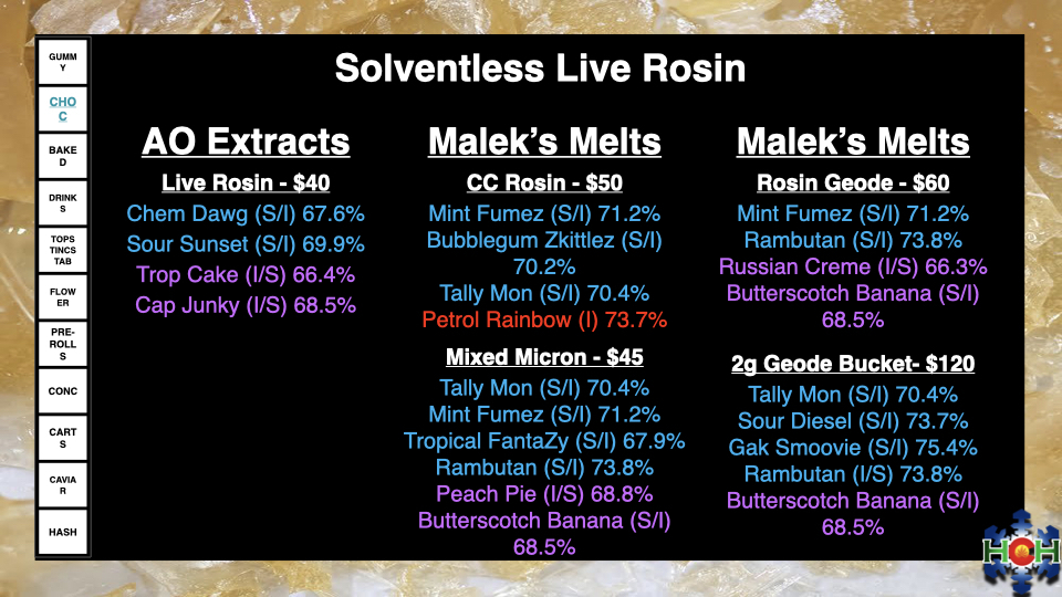 solventless live rosin concentrates menu