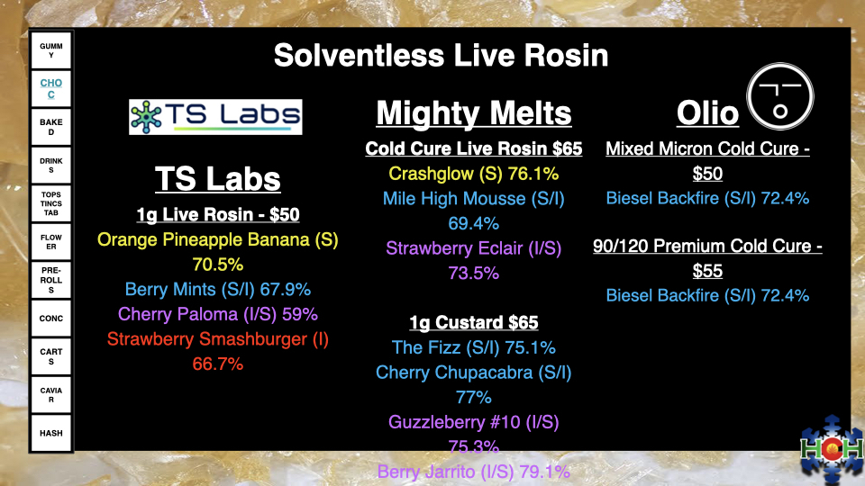 solventless live rosin concentrates menu