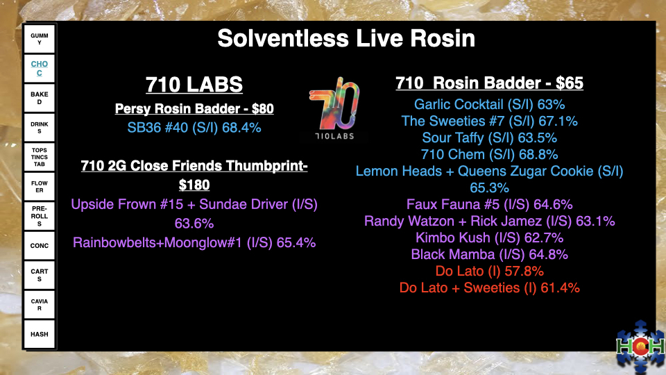solventless live rosin concentrates menu